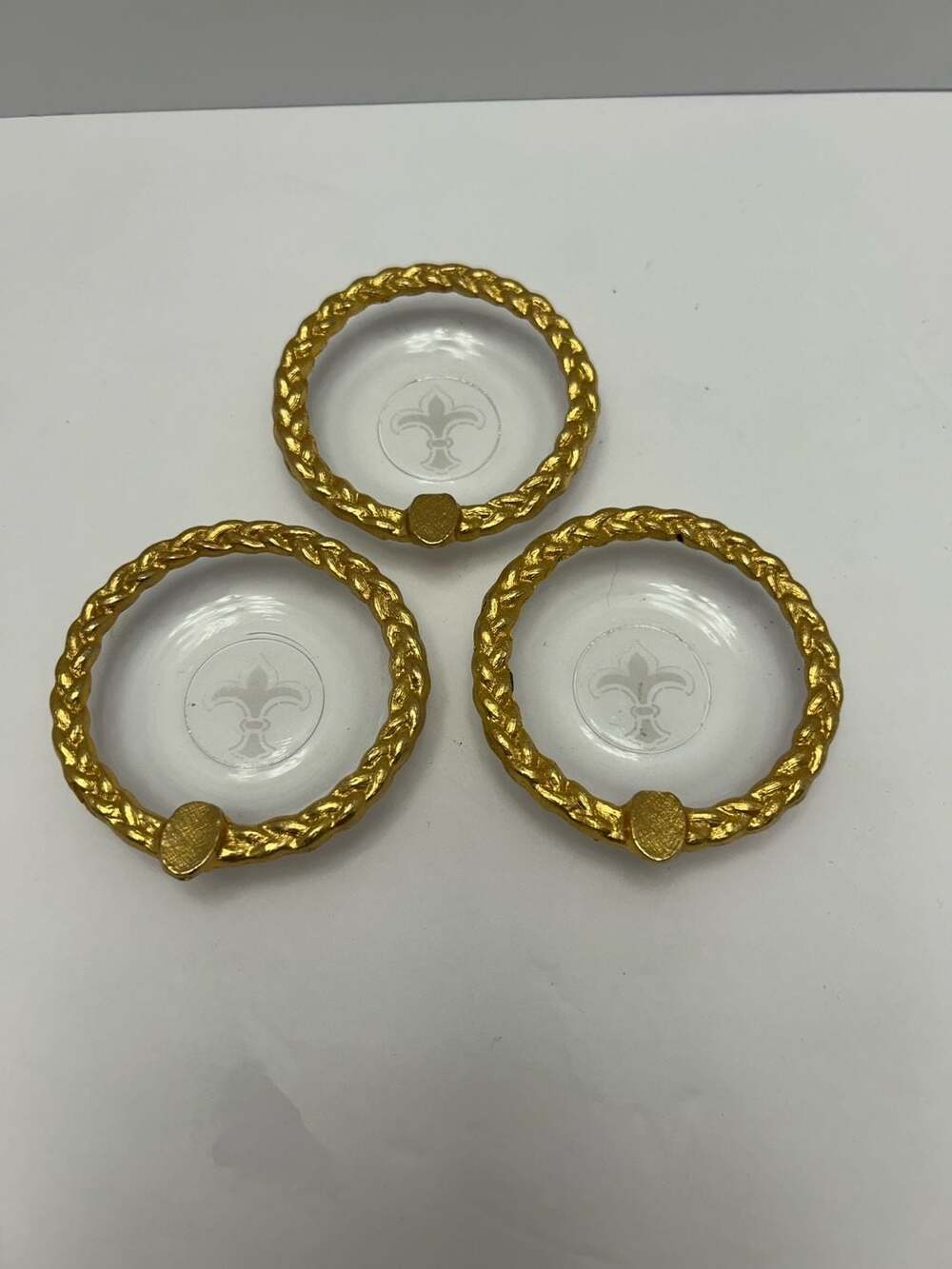 Set of 3 Vintage Gold Tone Braided Metal and Glass Fleur-de-Lis Coasters